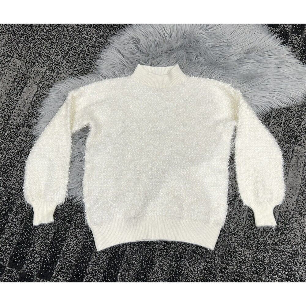 Fuzzy Shimmering Sweater Medium Off White High Collar Textured Pullover Cream‎